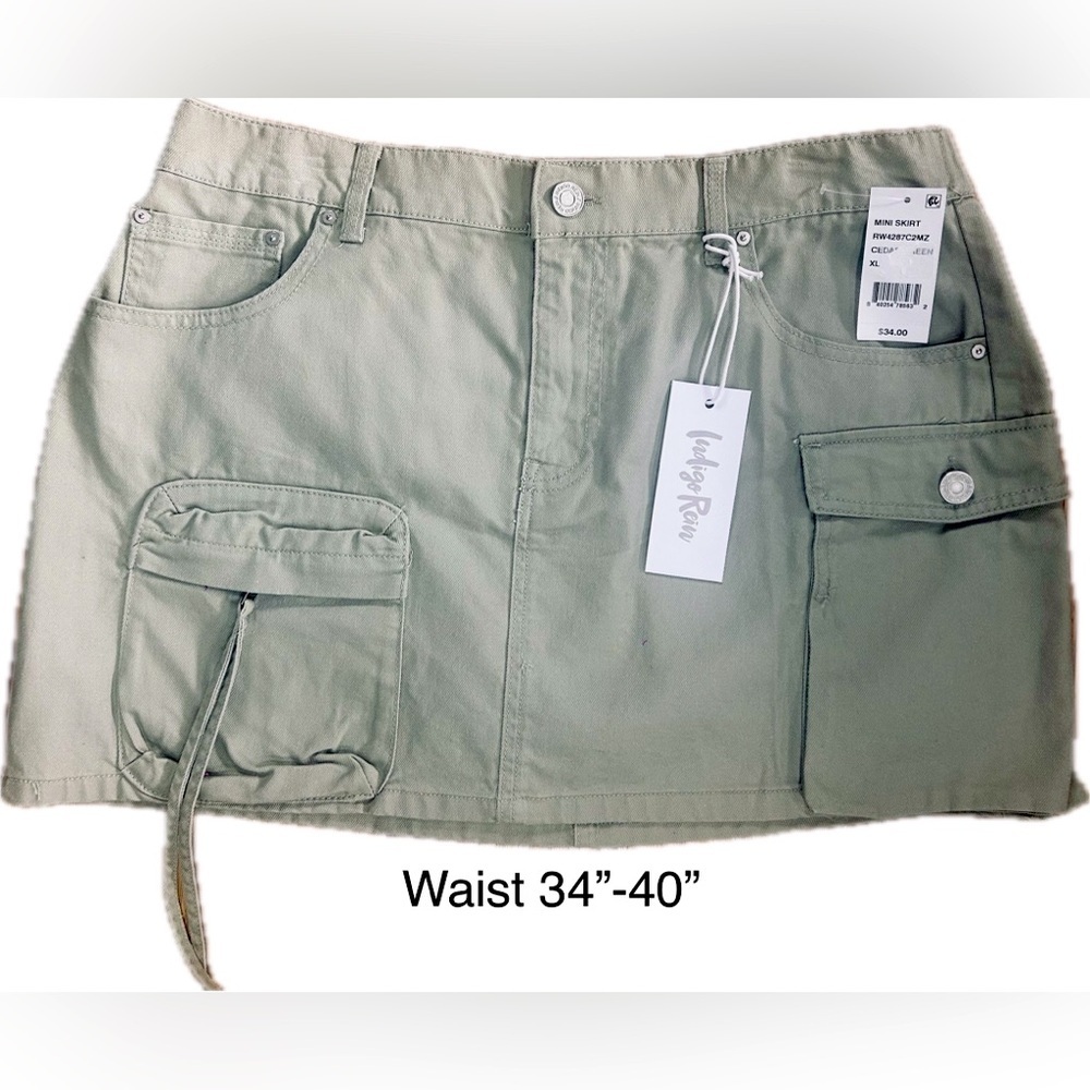 NWT Indigo Rein SZ XL Khaki/greenish cargo mini skirt/waist 34”- 40”/ 17”-20” - Picture 2 of 7